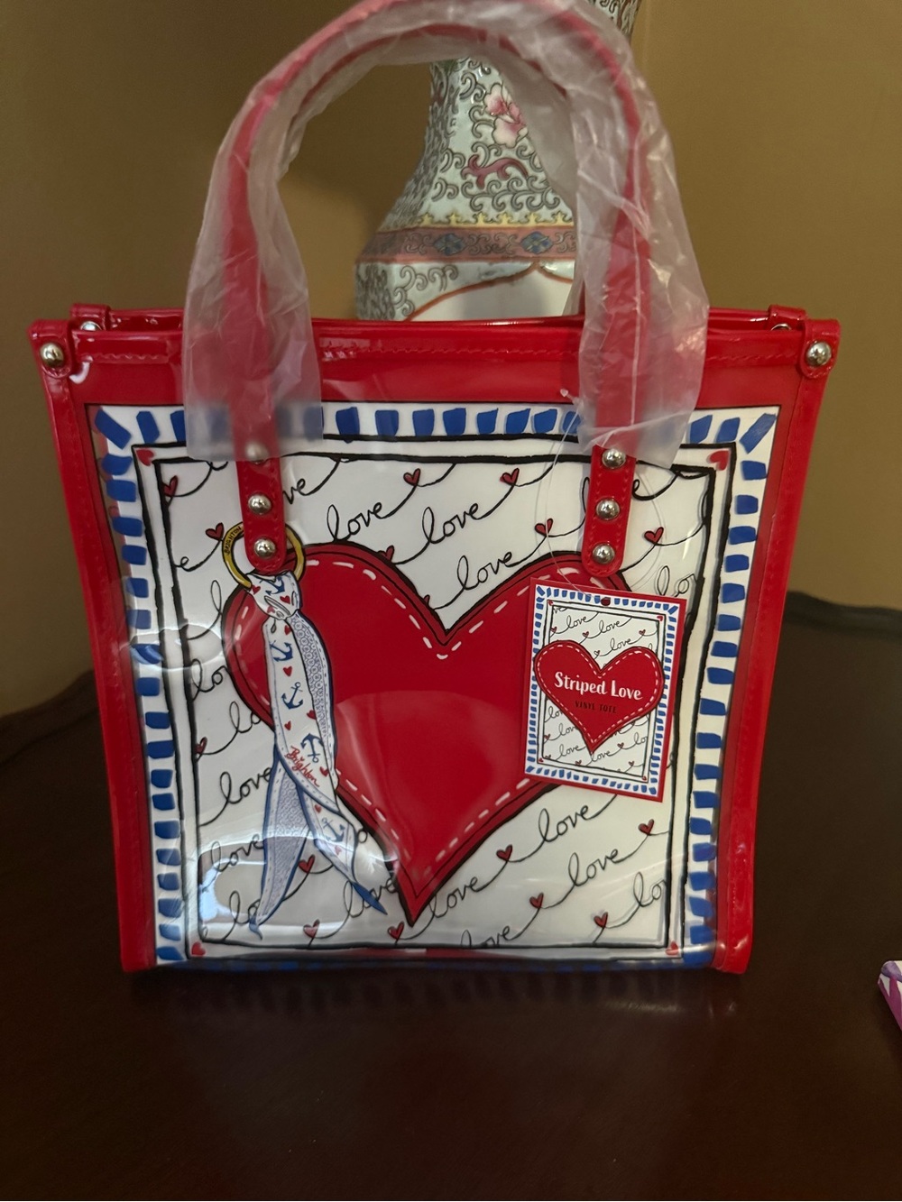 Brighton Red Heart Tote with Blue Trim